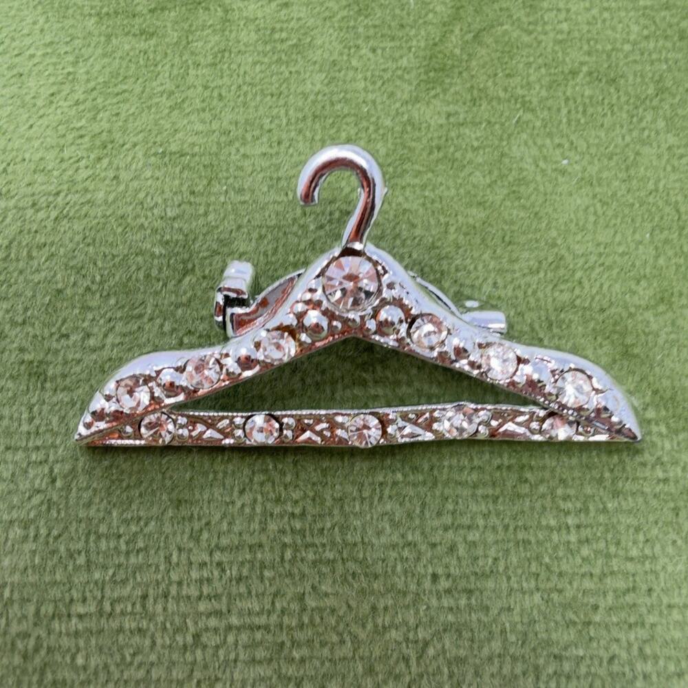 Rhinestone Clothes Hanger Brooch Pin Silver Tone 1.25in Vintage Style
